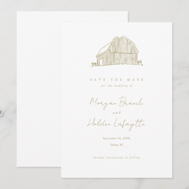Elegant Barn Gold Rustic Wedding Save The Date (Front/Back)