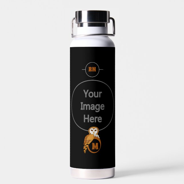 Elegant Barn Owl Monogram Water Bottle (Back)