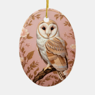 Elegant Barn Owl Pink and Gold Floral Ceramic Ornament