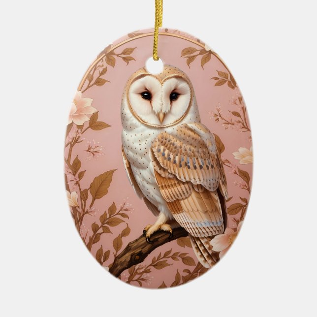 Elegant Barn Owl Pink and Gold Floral  Ceramic Ornament (Front)