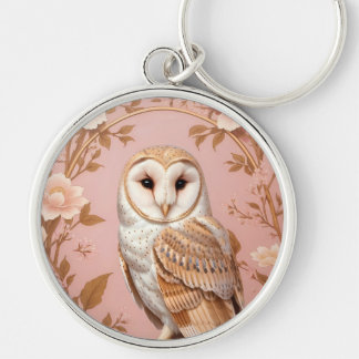 Elegant Barn Owl Pink and Gold Floral Key Ring