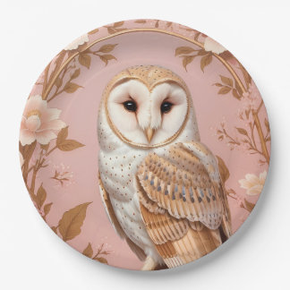 Elegant Barn Owl Pink and Gold Floral Paper Plate