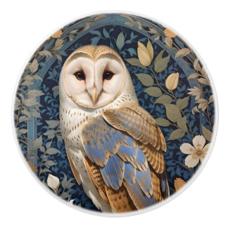 Elegant Barn Owl William Morris Inspired Floral Ceramic Knob