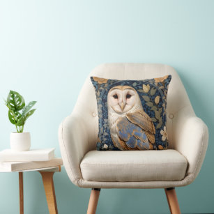 Elegant Barn Owl William Morris Inspired Floral Cushion