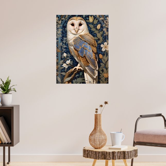 Elegant Barn Owl William Morris Inspired Floral Poster (Living Room 3)