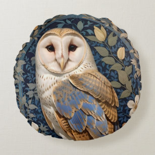 Elegant Barn Owl William Morris Inspired Floral Round Cushion