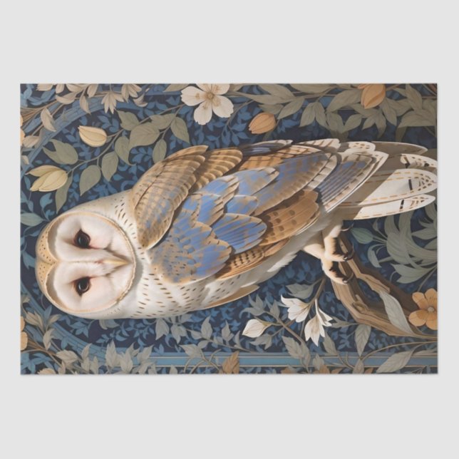 Elegant Barn Owl William Morris Inspired Floral Tissue Paper (Front)