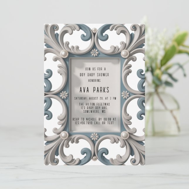 Elegant Baroque Baby Boy Shower Invitation (Standing Front)