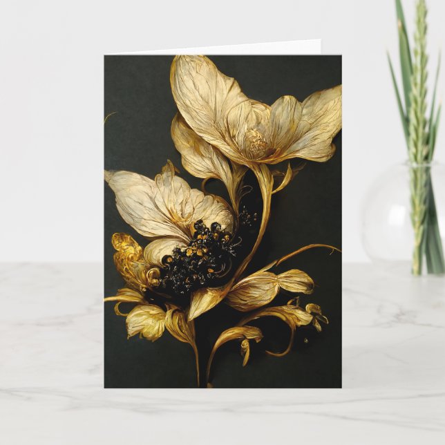 Elegant Baroque Black & Gold Floral Note Card (Front)