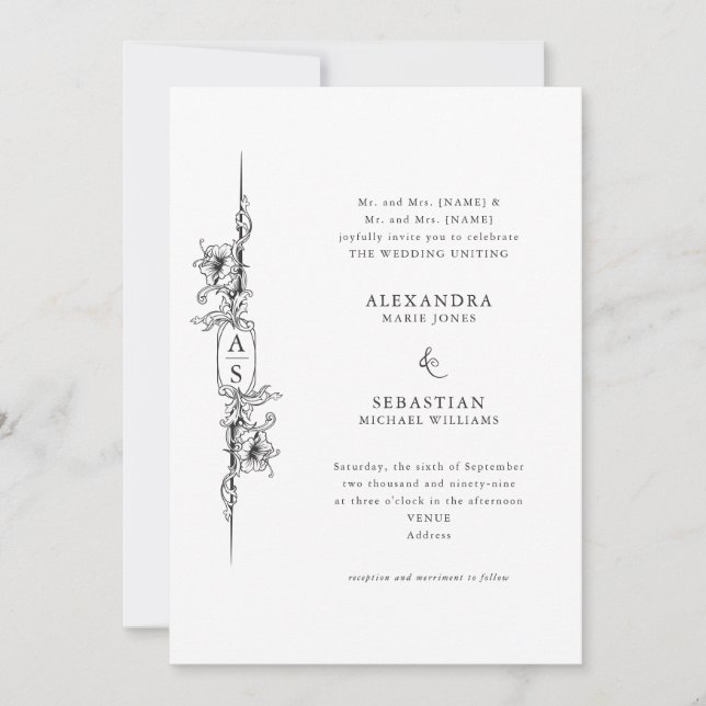 Elegant Baroque Black White Floral Formal Wedding Invitation (Front)