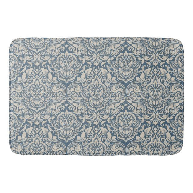 Elegant Baroque Blue Damask Brocade on White Bath Mat (Front)