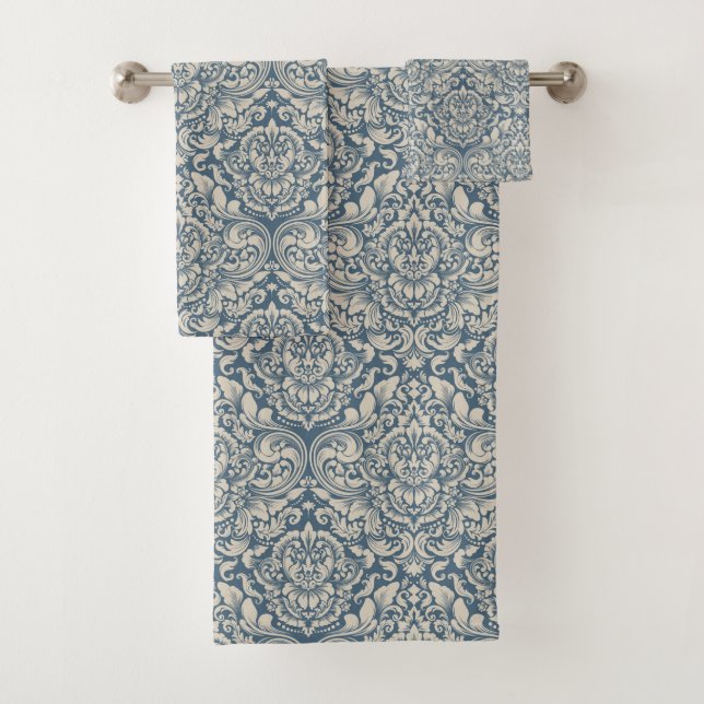 Elegant Baroque Blue Damask Brocade on White Bath Towel Set (Insitu)