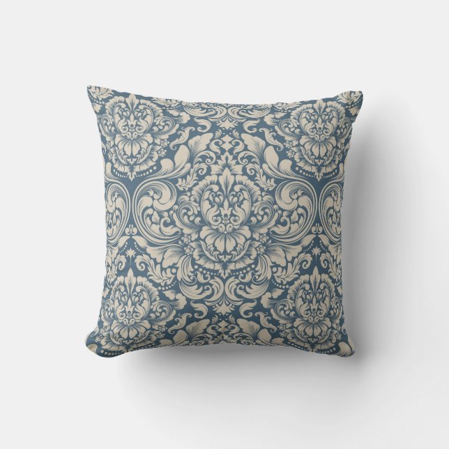 Elegant Baroque Blue Damask Brocade on White Cushion (Front)