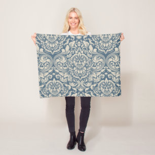 Elegant Baroque Blue Damask Brocade on White Fleece Blanket