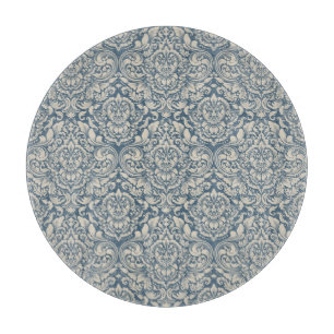 Elegant Baroque Blue Damask Brocade on White Glass Cutting Board