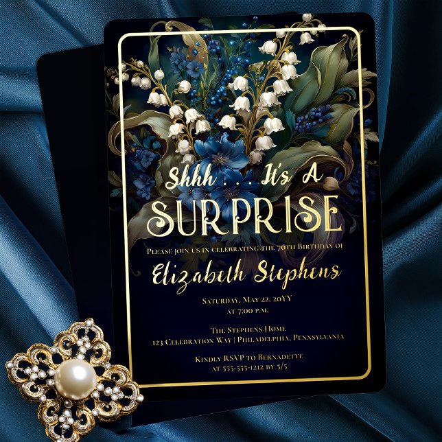Elegant Baroque Blue Floral Surprise 70th Birthday (Elegant Baroque Style Dark Moody Blue | White Floral "SURPRISE" 70th Birthday Party Gold Foil Invite)