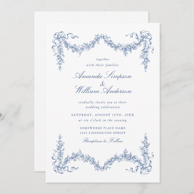 Elegant Baroque Blue French Garden Floral Wedding Invitation (Front/Back)