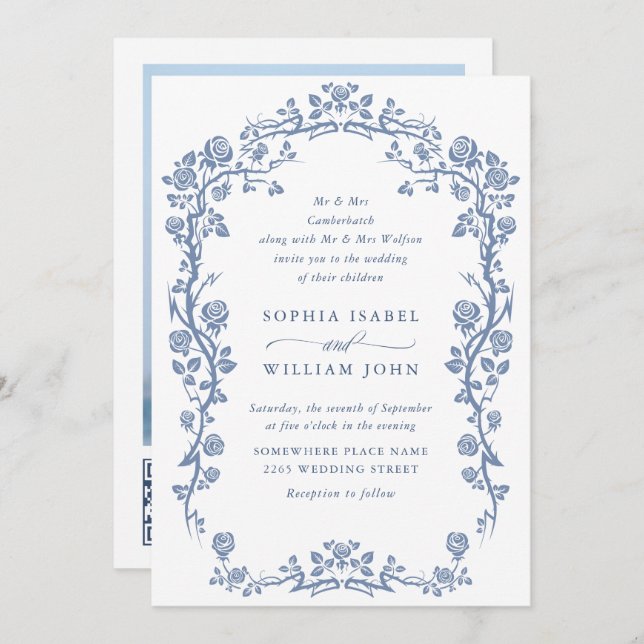 Elegant Baroque Blue French Garden Floral Wedding Invitation (Front/Back)