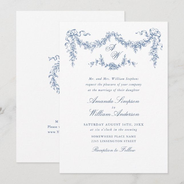 Elegant Baroque Blue French Garden Floral Wedding Invitation (Front/Back)
