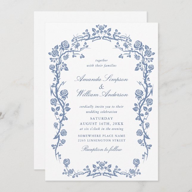 Elegant Baroque Blue French Garden Floral Wedding Invitation (Front/Back)