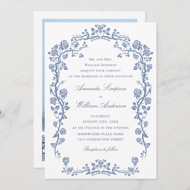 Elegant Baroque Blue French Garden Floral Wedding Invitation (Front/Back)