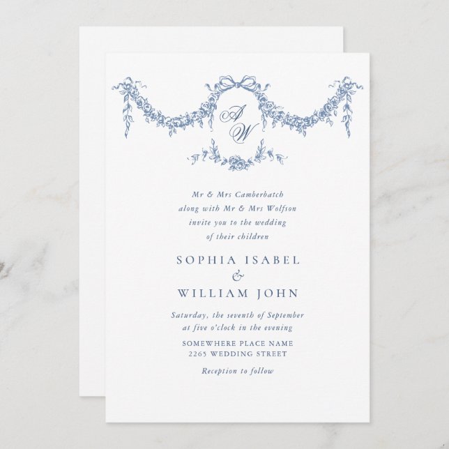 Elegant Baroque Blue French Garden Floral Wedding Invitation (Front/Back)