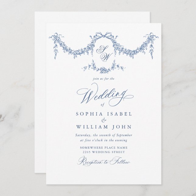 Elegant Baroque Blue French Garden Floral Wedding Invitation (Front/Back)