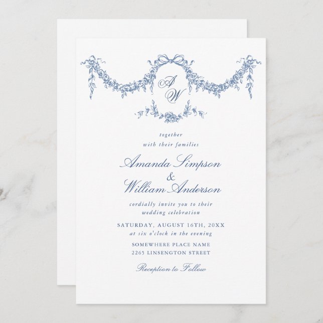 Elegant Baroque Blue French Garden Floral Wedding Invitation (Front/Back)
