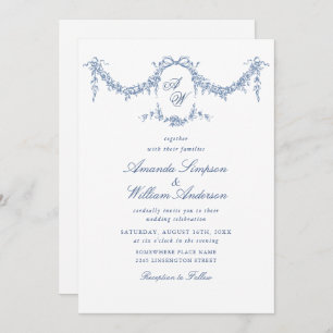 Elegant Baroque Blue French Garden Floral Wedding Invitation