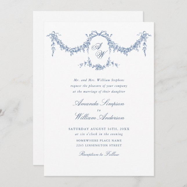 Elegant Baroque Blue French Garden Floral Wedding Invitation (Front/Back)