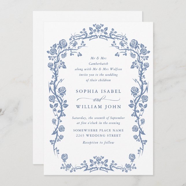 Elegant Baroque Blue French Garden Floral Wedding Invitation (Front/Back)