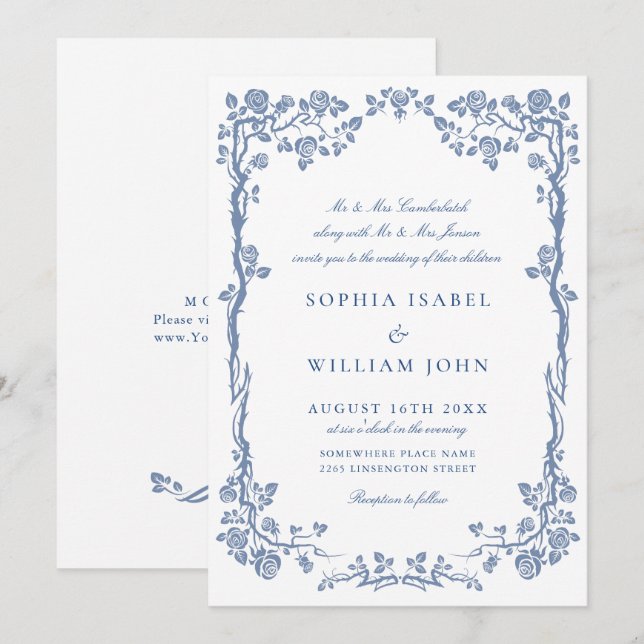 Elegant Baroque Blue French Garden Floral Wedding Invitation (Front/Back)