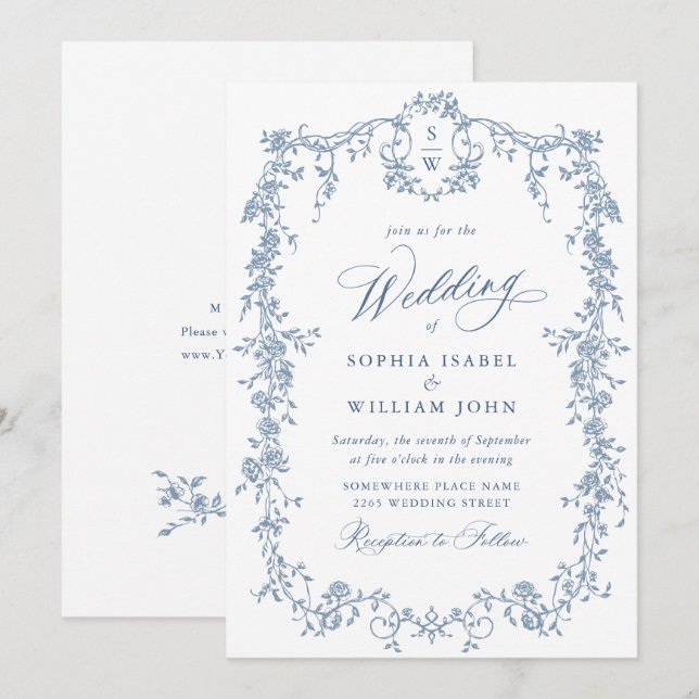 Elegant Baroque Blue French Garden Floral Wedding Invitation (Front/Back)