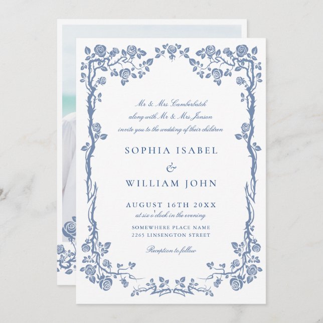 Elegant Baroque Blue French Garden Floral Wedding Invitation (Front/Back)