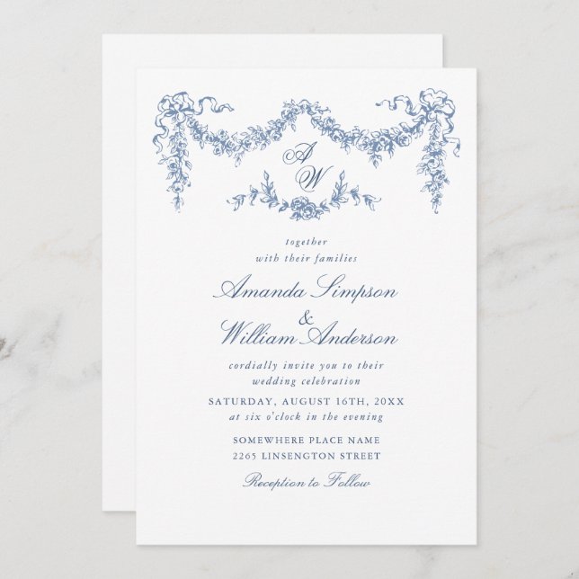 Elegant Baroque Blue French Garden Floral Wedding Invitation (Front/Back)