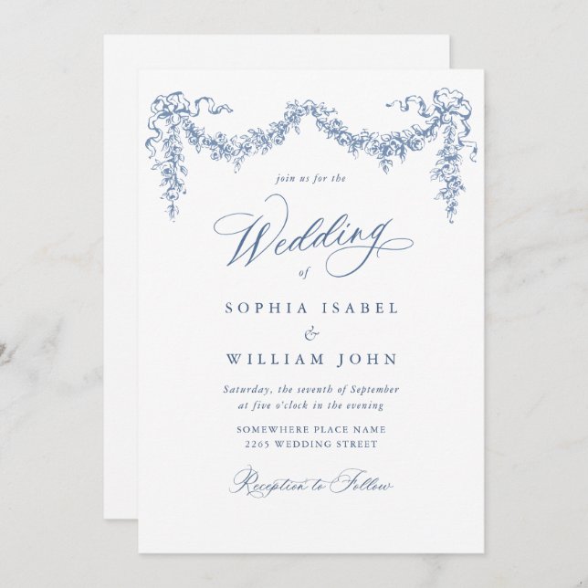 Elegant Baroque Blue French Garden Floral Wedding Invitation (Front/Back)