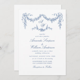 Elegant Baroque Blue French Garden Floral Wedding Invitation