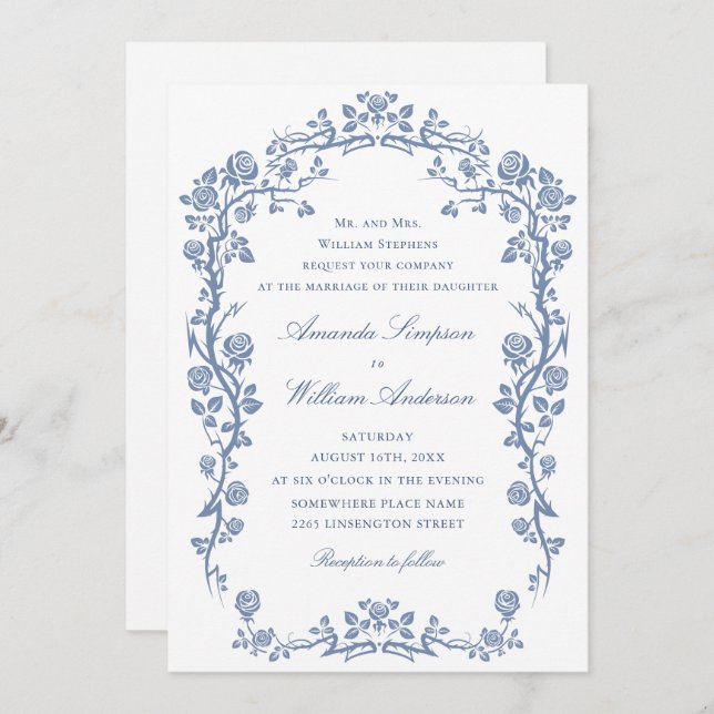 Elegant Baroque Blue French Garden Floral Wedding Invitation (Front/Back)