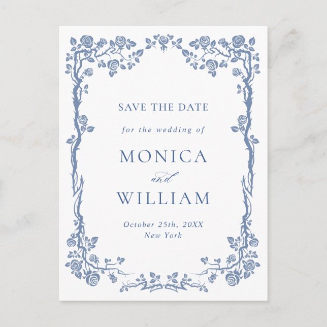 Elegant Baroque Blue Roses Wedding Save the Date Postcard (Front)