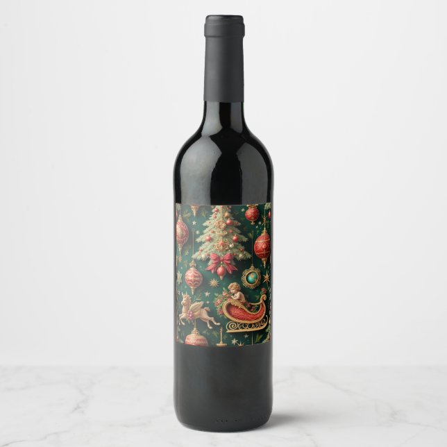 Elegant Baroque Christmas Wine Bottle Label (Front)