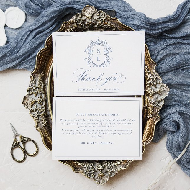 Elegant Baroque Crest Monogram Blue Wedding Thank You Card (Creator Uploaded)