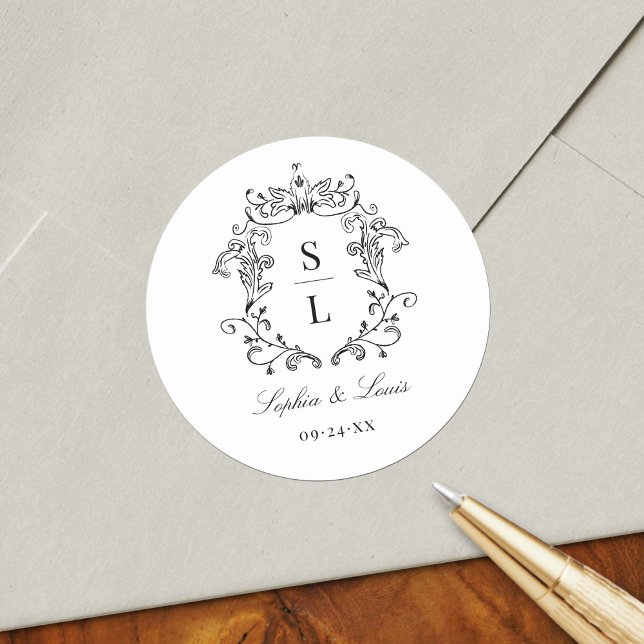 Elegant Baroque Crest Monogram Wedding Classic Round Sticker (Creator Uploaded)