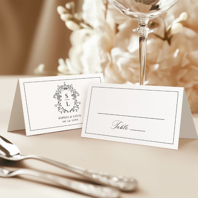 Elegant Baroque Crest Monogram Wedding Place Card (Creator Uploaded)
