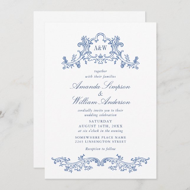 Elegant Baroque Dusty Blue Classy Frame Wedding Invitation (Front/Back)