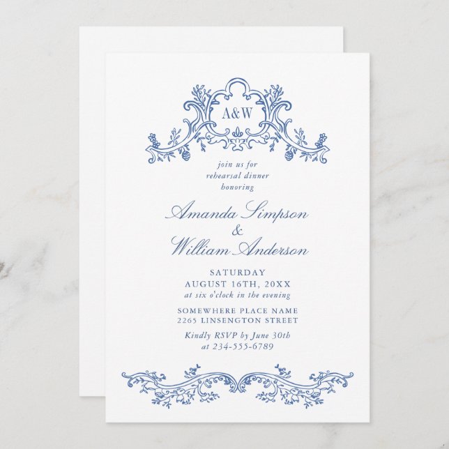 Elegant Baroque Dusty Blue Classy Rehearsal Dinner Invitation (Front/Back)