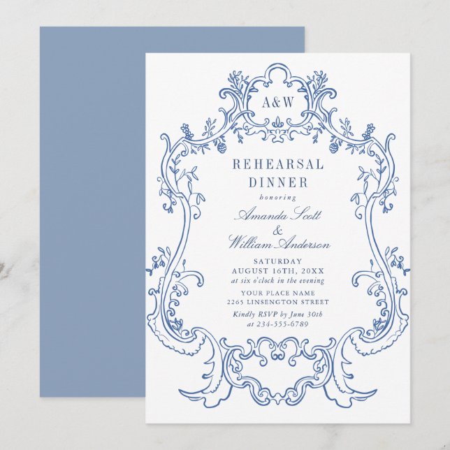 Elegant Baroque Dusty Blue Frame Rehearsal Dinner Invitation (Front/Back)
