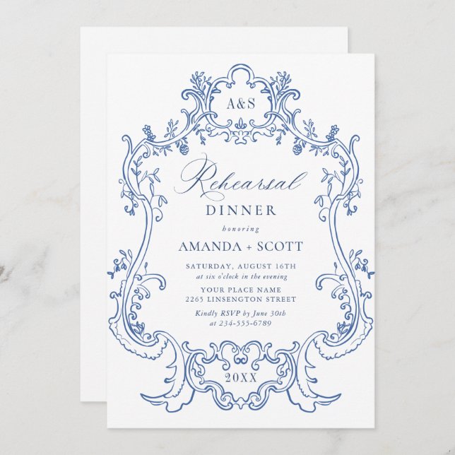Elegant Baroque Dusty Blue Frame Rehearsal Dinner Invitation (Front/Back)