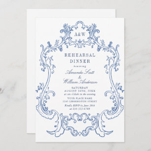 Elegant Baroque Dusty Blue Frame Rehearsal Dinner Invitation
