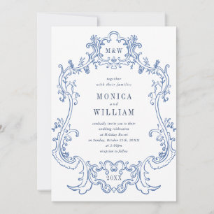 Elegant Baroque Dusty Blue Frame Wedding QR code Invitation