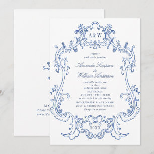 Elegant Baroque Dusty Blue Ornate Frame Wedding Invitation